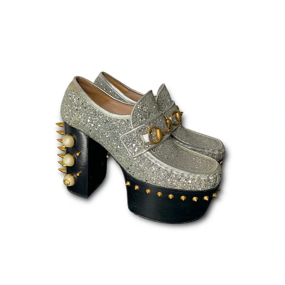 Gucci Vegas Silver Glitter Platform Loafers with Gold Stud & Spike Accents Rare
